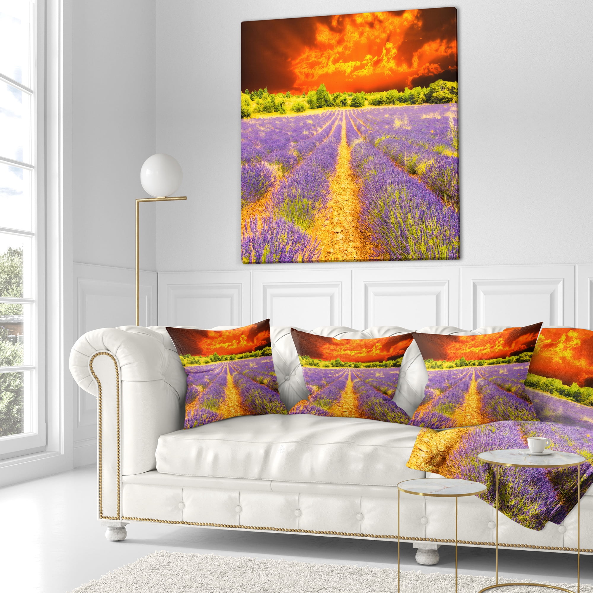 Designart Beautiful Lavender Field and Sunset - Floral Throw Pillow - 18x18