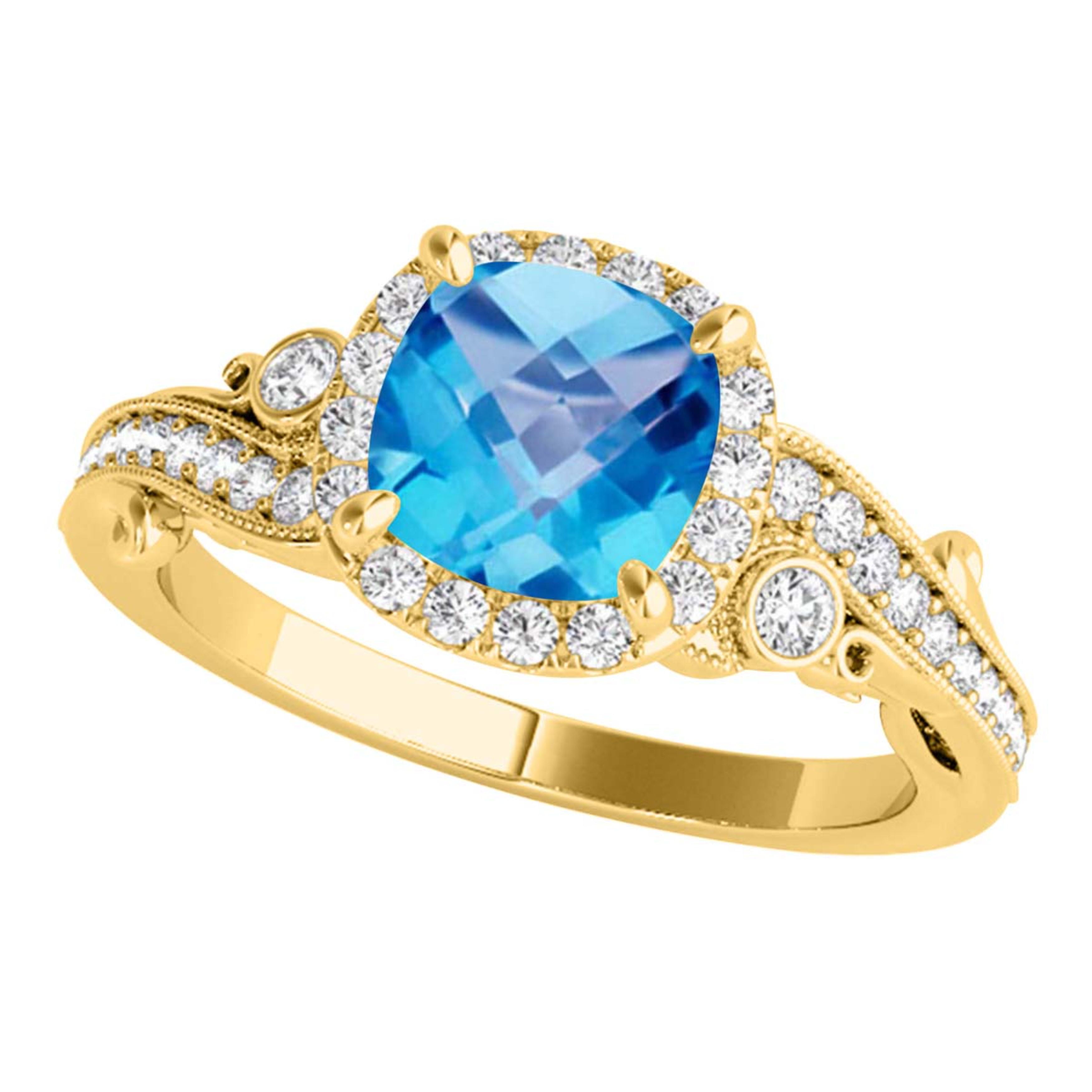 Aonejewelry 1.50 Carat Cushion Cut Blue Topaz In Center and White Diamond On Side Engagement Ring Women Crafted In 10K Solid Rose White Yellow Gold