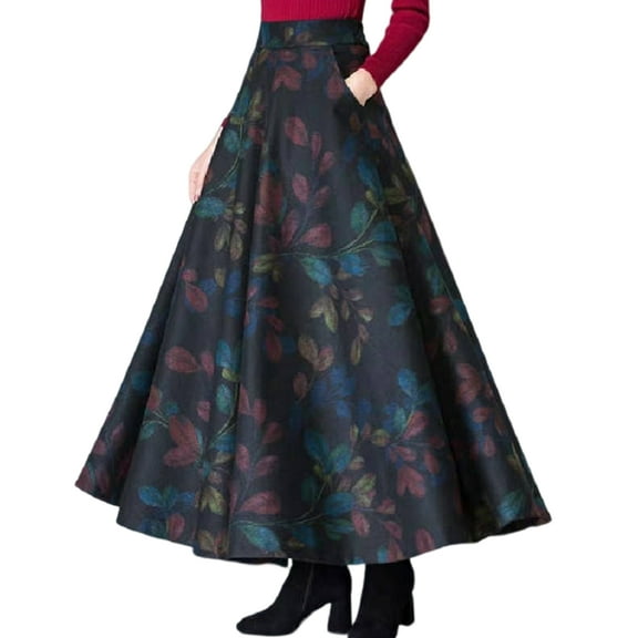 Fusipu Elastic Waist Side Pockets Large Hem Plus Size Retro Skirt Autumn Winter Plaid Print High Waist A-Line Maxi Skirt Female Clothing