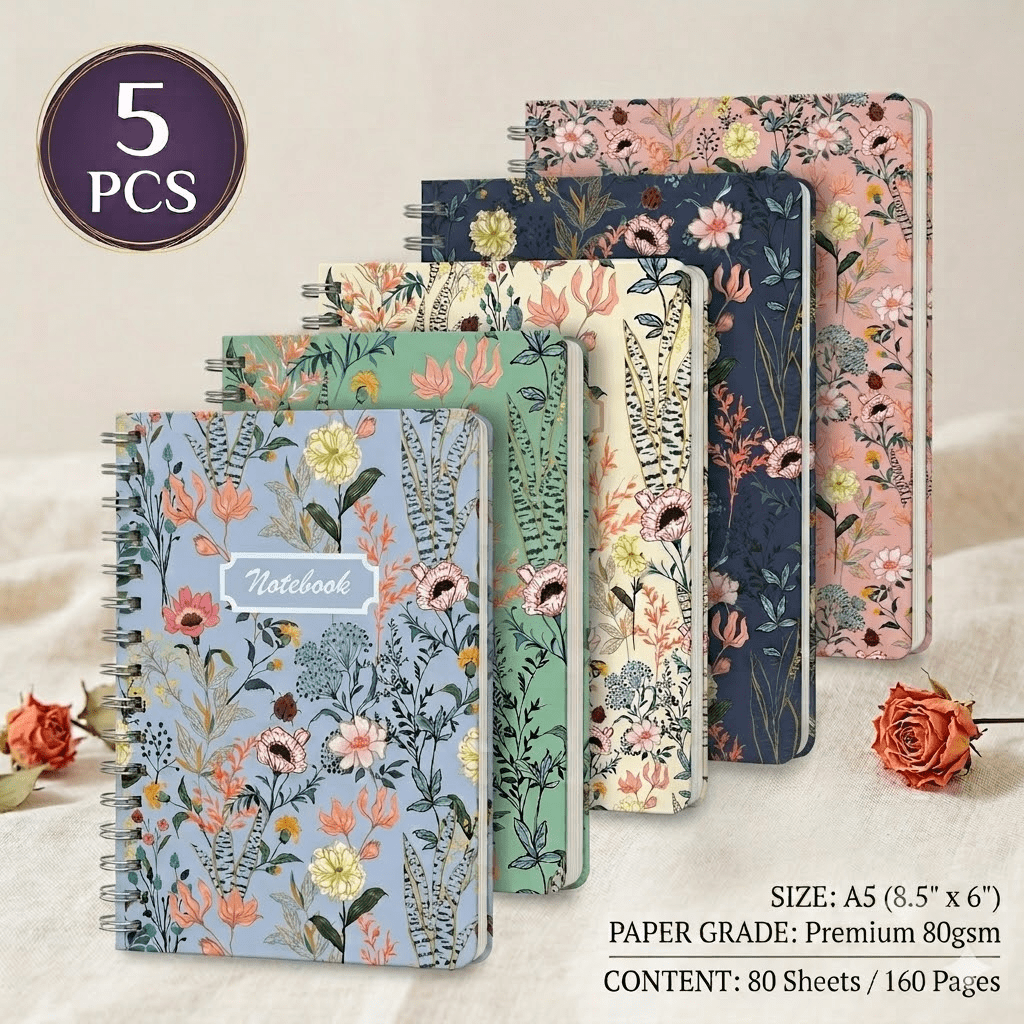 5-Pack A5 Floral Spiral Notebook Set, Twin-Wire Hardcover Lined Journals, Premium 80GSM Cream Paper,160 Pages Hardcover Lined Journals