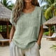 thumbnail image 1 of Craaazy Women Casual Loose Fit Blouse, Solid Color Short Sleeve Cotton Linen Top, Comfy Round Neck Tunic with Pocket for Daily Wear Gifts, 1 of 6