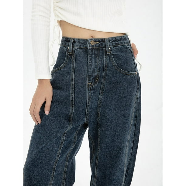 Dark Blue Womens Jeans High Waist Vintage Straight Baggy Denim