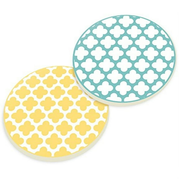 Yellow Blue Clover Quatrefoil 2.75 x 2.75 Absorbent Ceramic Car Coasters Pack of 2