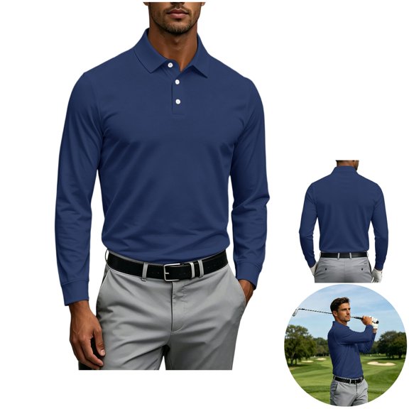 Clossjun Mens Long Sleeve Polo Shirts Relaxed Fit Dress Button Golf Shirt Athletic Breathable Blouses Fashion Casual Tops For Men Work Outgoing Navy XL