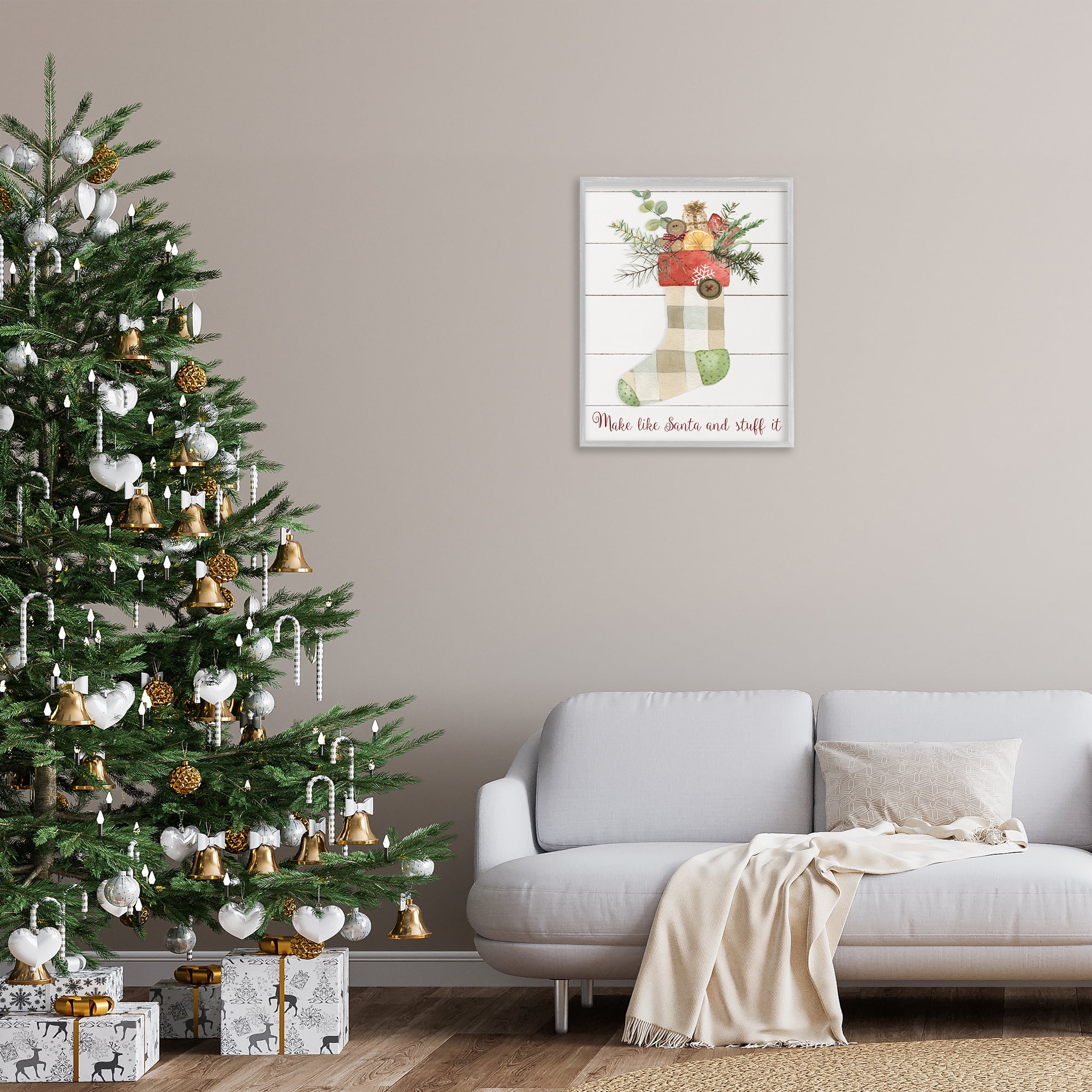 Stupell Industries Plaid Christmas Stocking Holiday Painting Gray Framed Art Prints Wall Art, 24 x 30