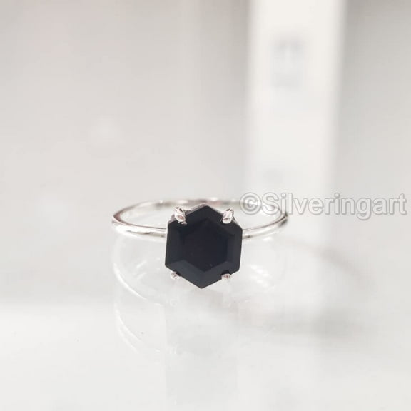 Hexagon Black Onyx Ring, 925 Sterling Silver Ring, Women Ring, Natural Onyx, December Birthstone, Christmas, Thanksgiving, Tiny Dainty Ring, Handmade, Statement Jewelry, Wedding, Anniversary Gift