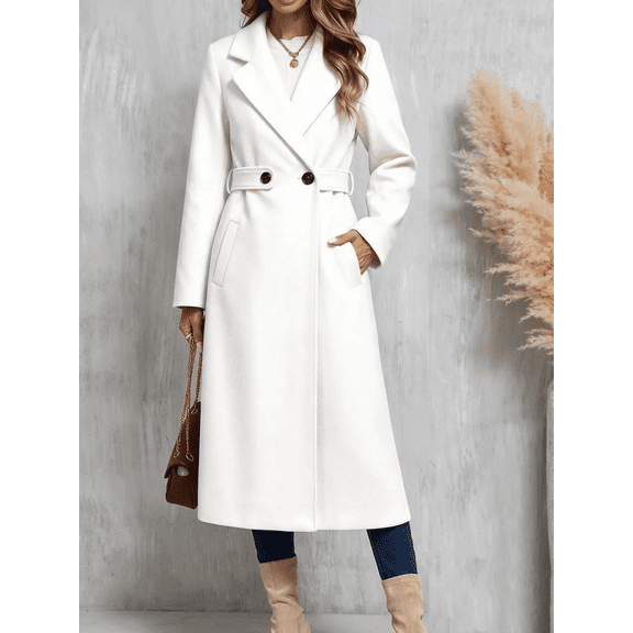 Trikvn Long Wool Blend Pea Coat for Women Notched Lapel Belted Waist Double Breasted Long Sleeve Elegant Overcoat with Pockets Winter Dressy S-3XL