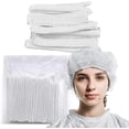 thumbnail image 1 of czcpp-100 pcs Disposable Bouffant Caps, 21 inch Hair Net, Double-band are Tensile Resistant, Thickened and Wear resistance, Elastic Dust Cap for Food Service(White), 1 of 4
