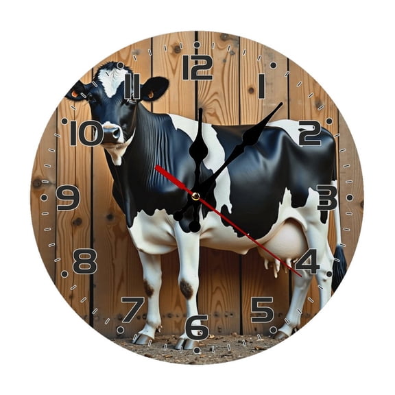 Cow Black And White Holstein Wall Clock 10 Inch Silent Non Ticking Round Wooden Clock Decoration for Living Room Kitchen Bedroom Bathroom Office Classroom