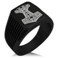 thumbnail image 1 of Stainless Steel Mjolnir Thor's Black Skull Hammer Needle Stripe Pattern Biker Style Polished Ring, 1 of 1