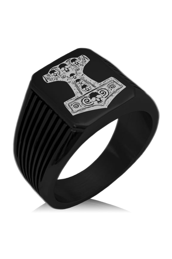 Stainless Steel Mjolnir Thor's Black Skull Hammer Needle Stripe Pattern Biker Style Polished Ring