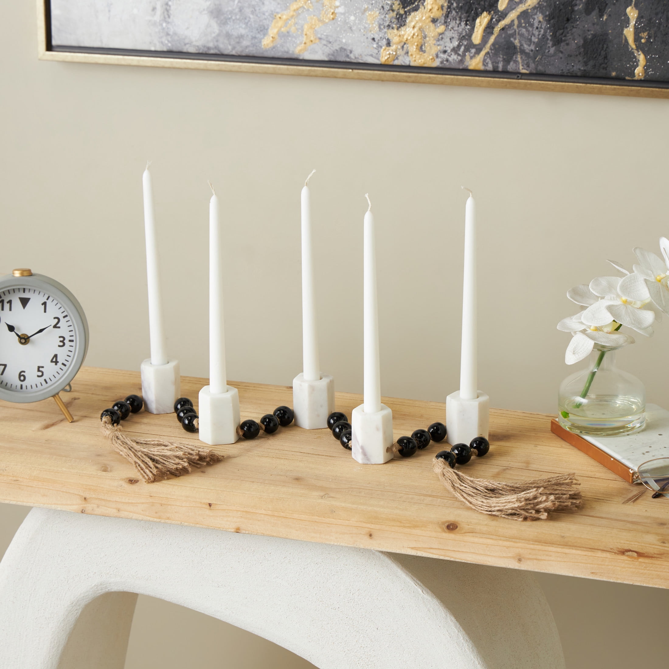 DecMode 5 Candle White Marble Hexagon Garland Candle Holder with Brown Tassel and Black Beads
