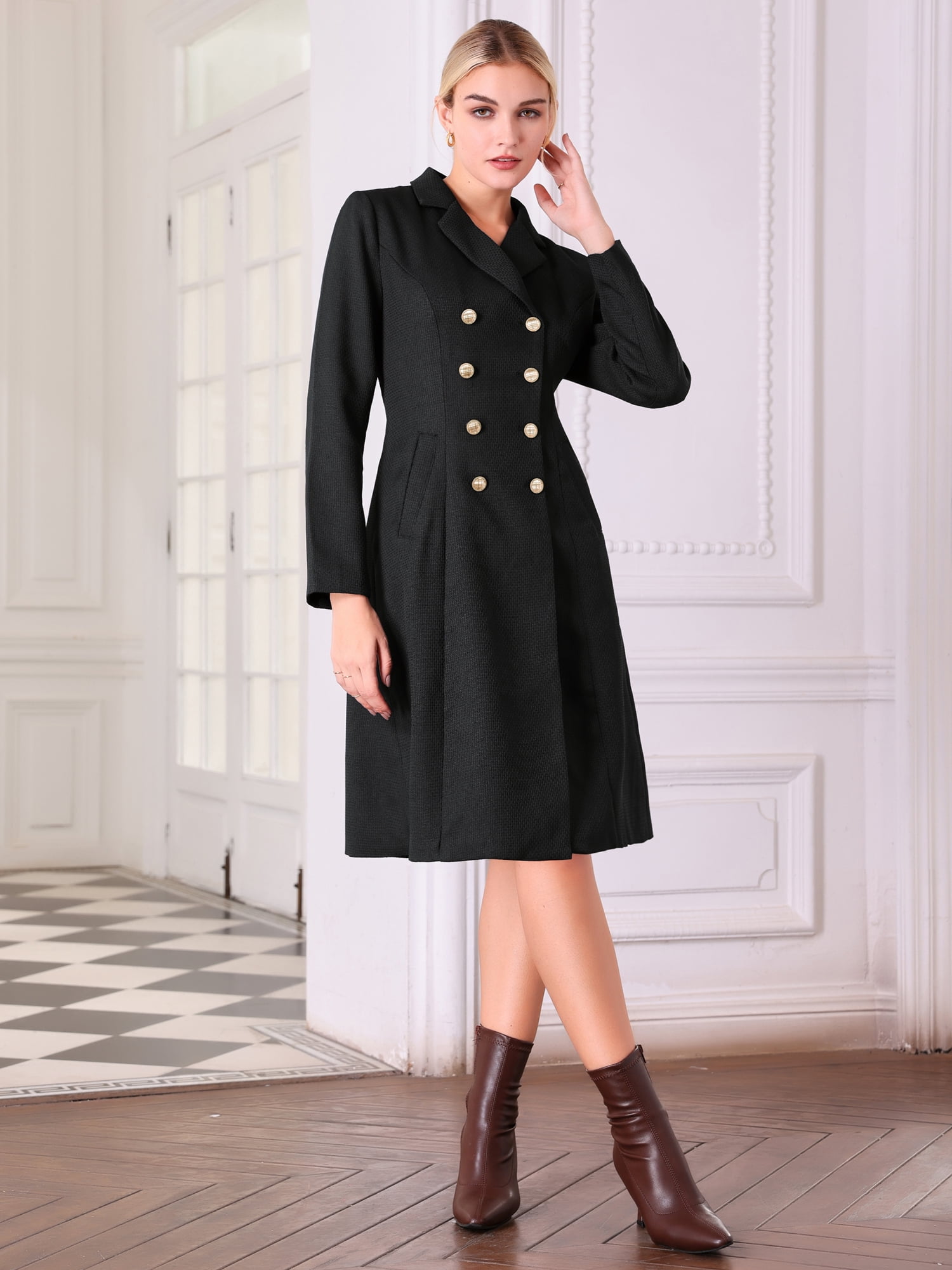 DARING DIVA Tweed Blazer Collared Double Breasted A-Line Dress L Black