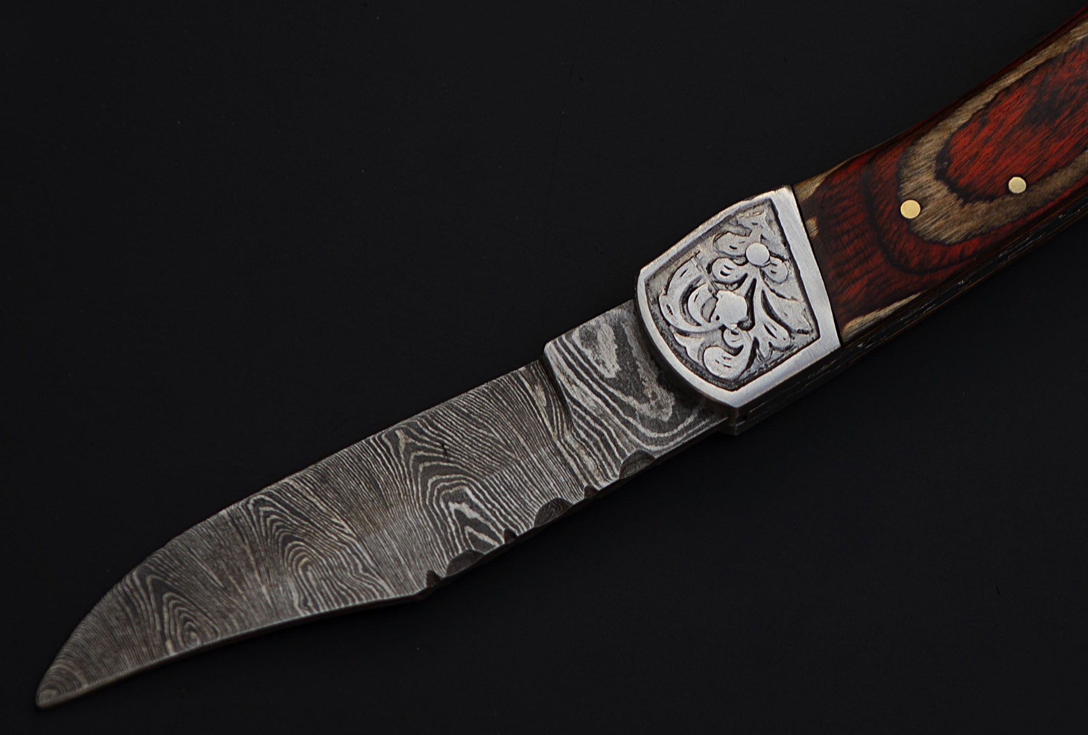 Damascus steel blade back lock folding knife with Leather sheath Reddish brown scale