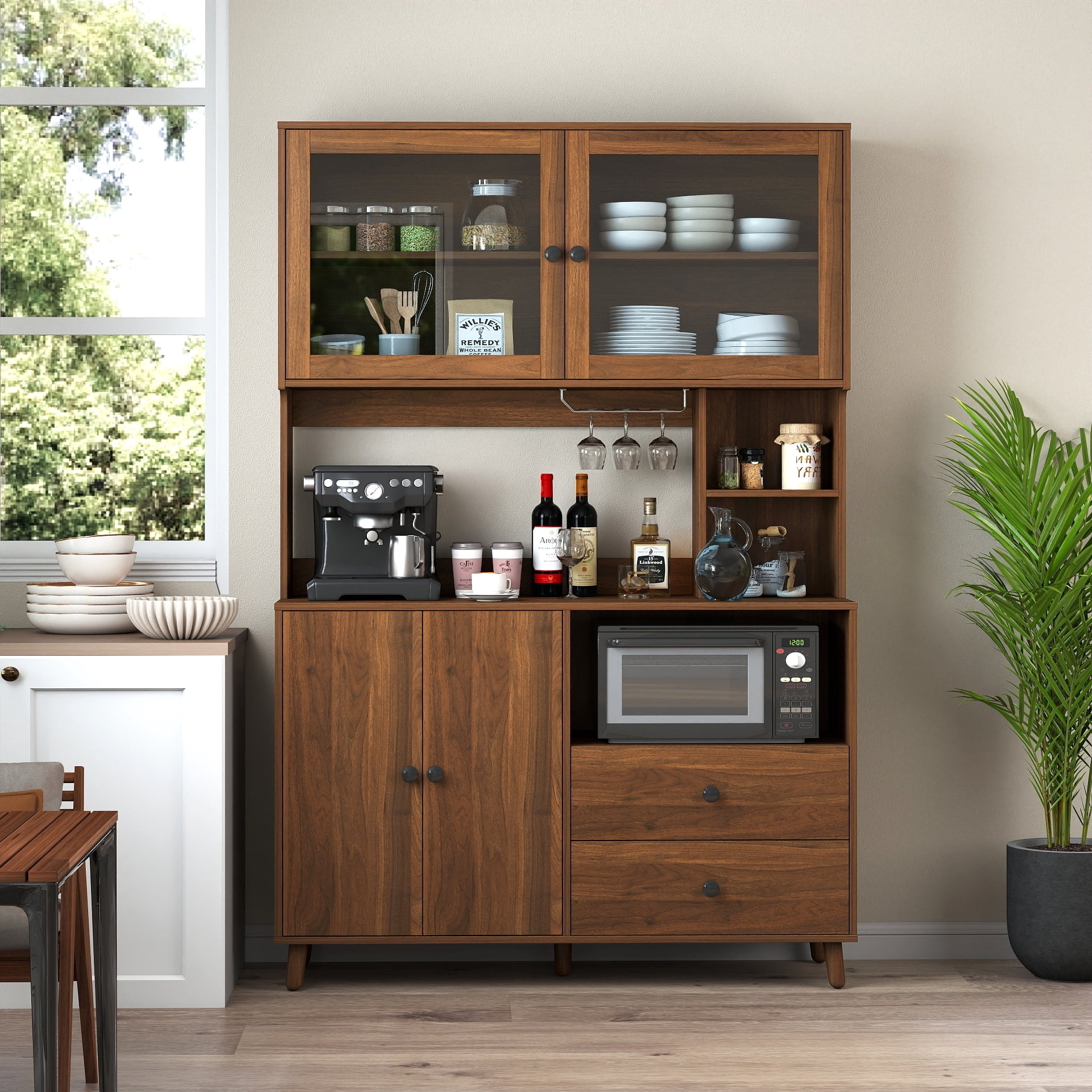 Mintazer 67" Tall Kitchen Pantry Cabinet, Large Storage Cupboard with Microwave Shelf & Drawers Sideboard for Dining Room,Kitchen,Walnut