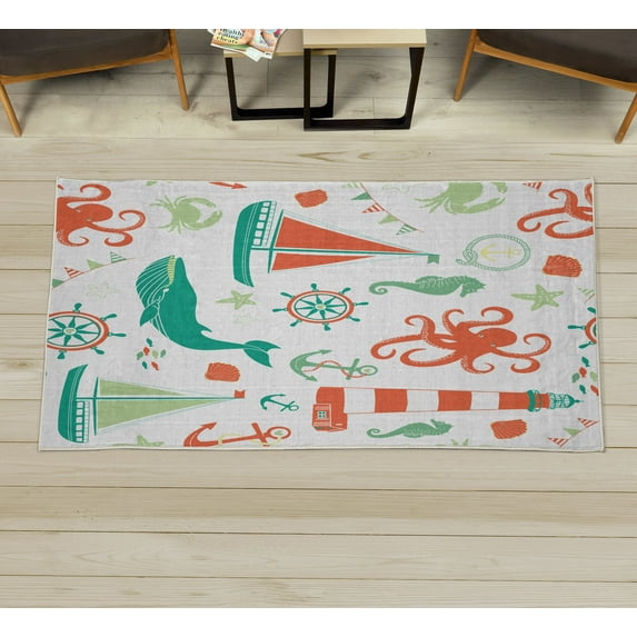 Nautical Decorative Rug, Pastel Colored Composition of Lighthouse Sailboat Fish Shells Octopus, Quality Carpet for Bedroom Dorm and Living Room, 6 Sizes, Vermilion and Teal, by Ambesonne