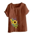 thumbnail image 4 of Lovskoo 2024 Women Sunflower Print Tops Summer Cotton Linen Shirt Regular Button Round Neck Short Sleeve Blouse Coffee, 4 of 5