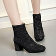 thumbnail image 2 of Women's Fashion Sequin Ankle Boots Square Toe Chunky Heel Mid Calf Booties Slip On Dress Boots with Side Zipper Black 6, 2 of 5