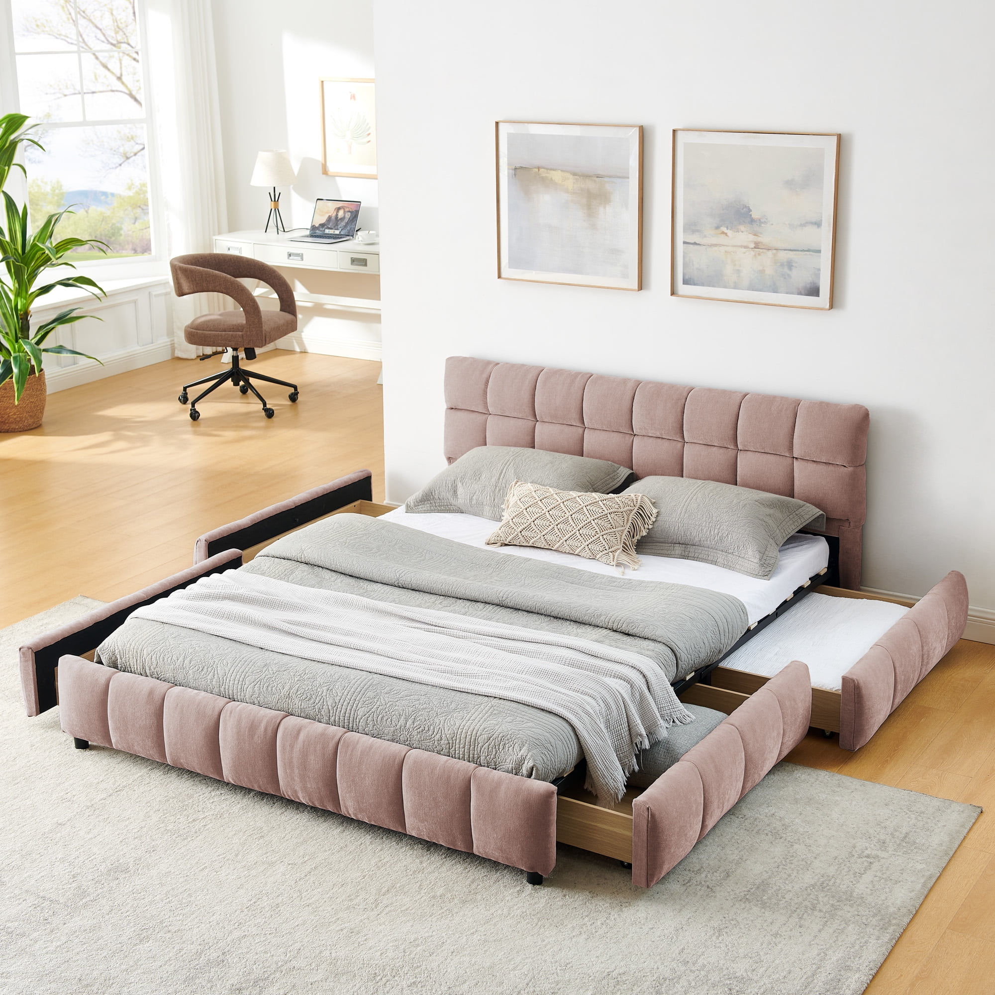 Modern Pink Wood Frame Queen Chenille Upholstered Platform Bed with Headboard & 4 Drawers