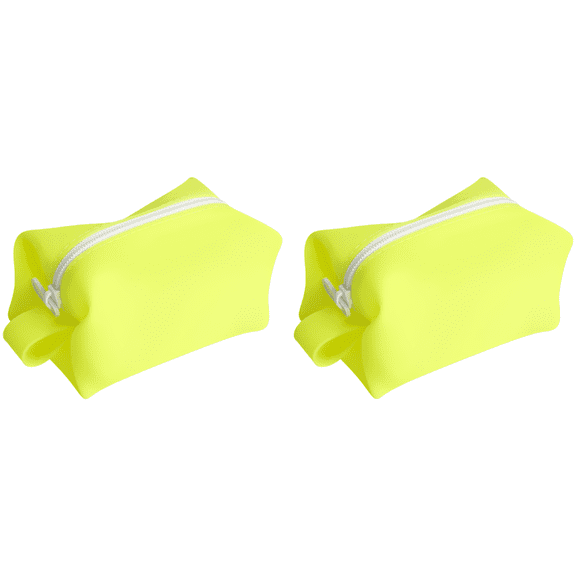 2 Pcs Silicone Makeup Bags, 7.1 in Travel Toiletry Pouches, Fluorescent Yellow Cosmetic Bags, Waterproof Makeup Organizer, Soft Portable Wash Bags with Zipper Closure