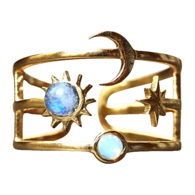 Anillo celestial con sol, luna y anillo, joya de ópalo dorado, anillo con cuerpo celeste, regalo de cumpleaños para mujer