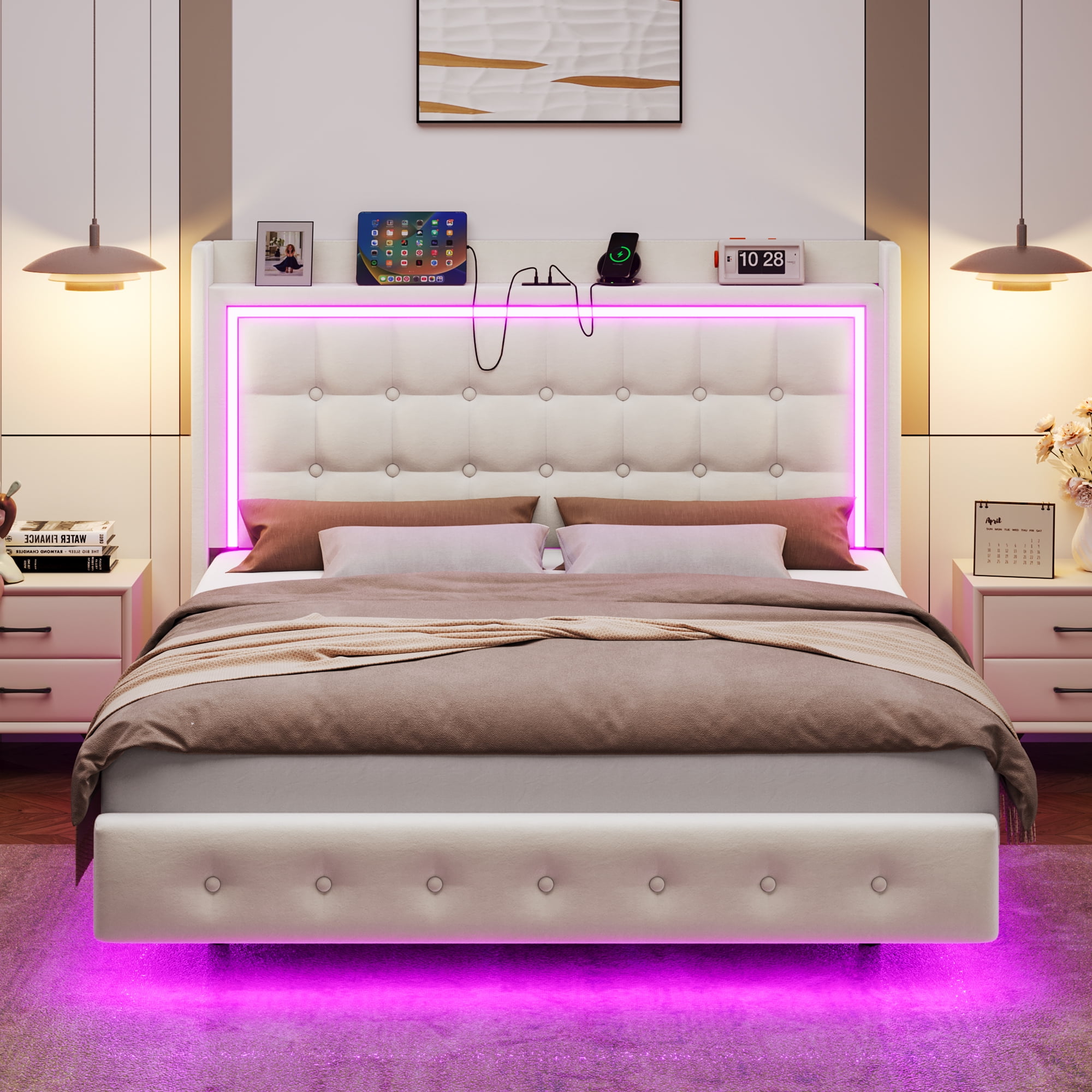 Homfa Queen Size Floating Bed with RGB LED Lights Charging Station, Velvet Upholstered Platform Bed with Storage Headboard, Off-White