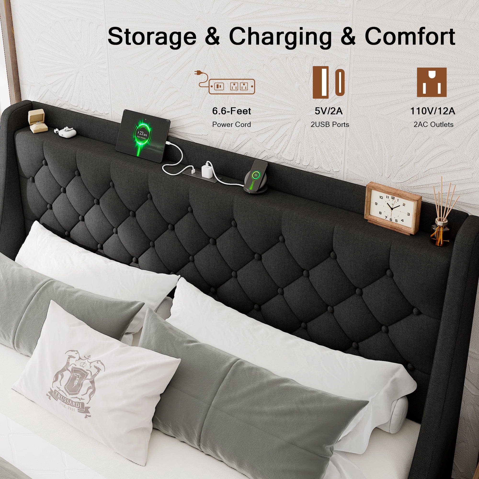 Honfach King Bed Frame with 4 Storage Drawers, Upholstered Platform Bed Frame with Type-C & USB Ports, Wingback Storage Headboard,Black