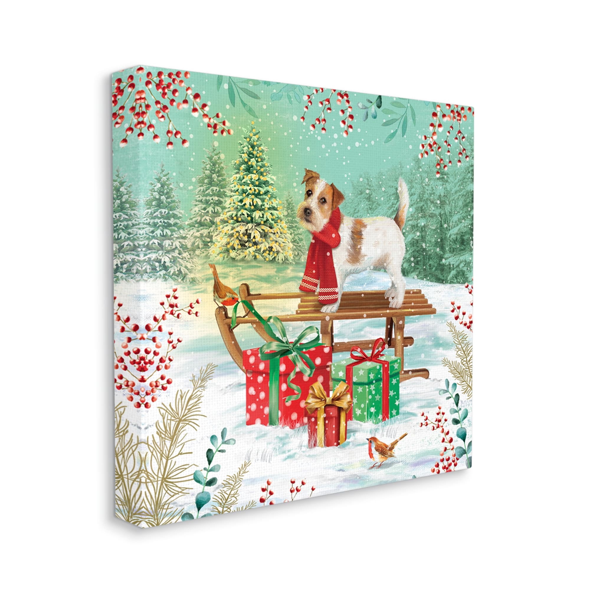 Stupell Industries Puppy On Sled Christmas Gifts Holiday Painting Gallery Wrapped Canvas Print Wall Art