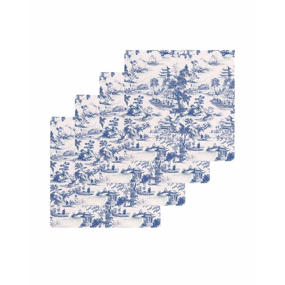 Blue Garden Retro Kitchen Dish Towels for Drying Dishes Set of 4, Modern Art Building Tree Boat Waffle Weave Microfiber Terry Hand Tea Bathroom Towels Quick Dry & Absorbent Towel 12x12