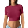 thumbnail image 3 of Summer Crop Tops Woman 2024 Fashion Short Sleeve Crew High Neck Slim Fit Cropped Tee Shirt Y2k Workout Blouse (Medium, Wine), 3 of 5