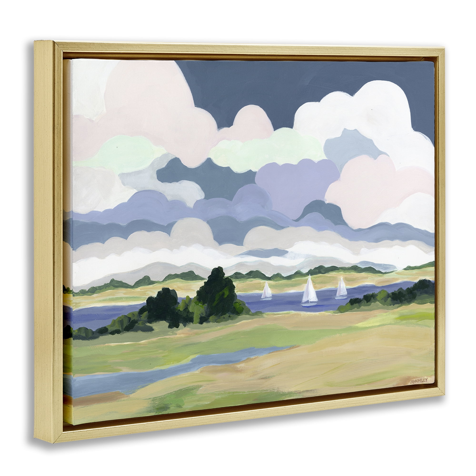 Stupell Industries Billowing Clouds Countryside Landscape & Nature Painting Gold Floater Framed Canvas Art Print Wall Art, 21 x 17