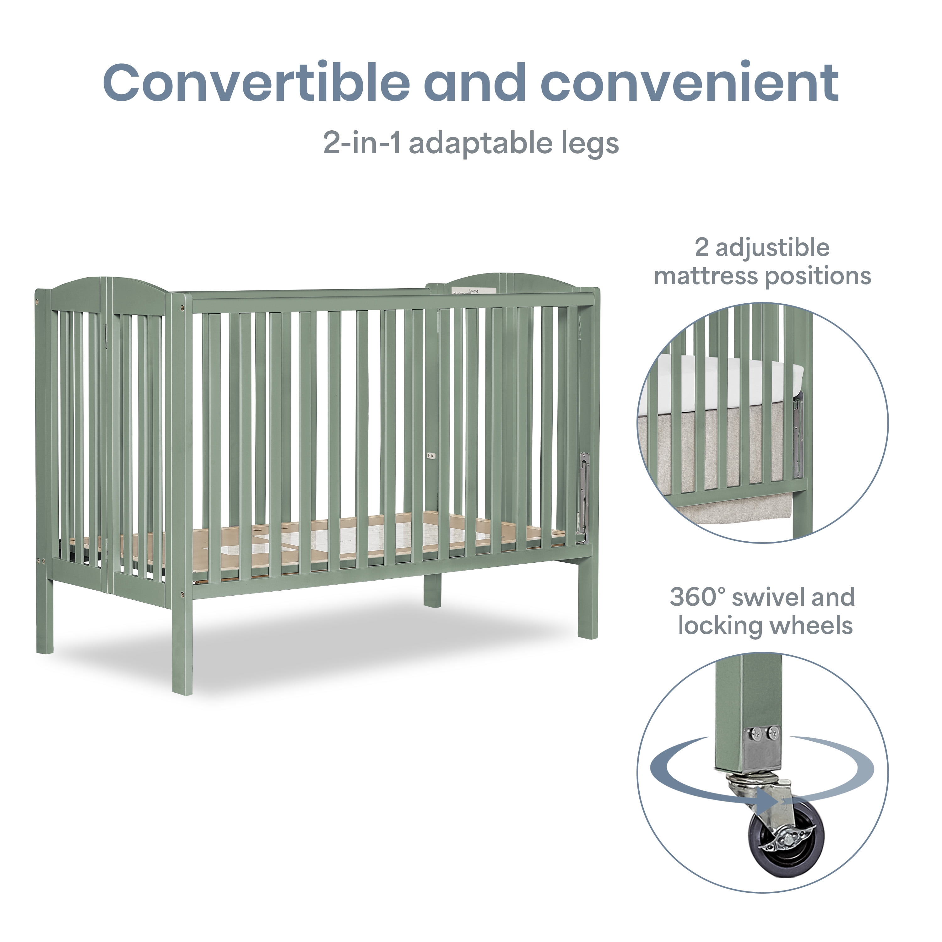 Dream On Me Folding Full Size Convenience Crib in Meadow Green, Comes With Heavy Duty Locking Wheels