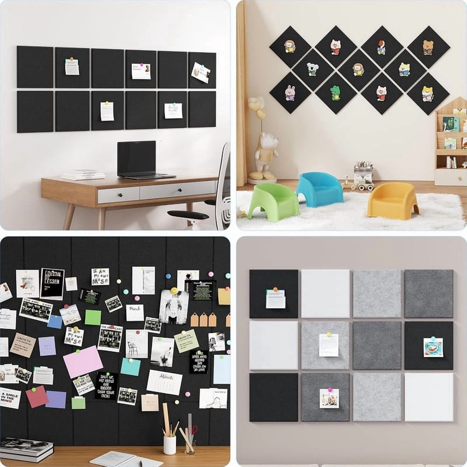 Easy4Home Large Cork Board for Wall 48"x36" Self Adhesive Bulletin Pin Board, 12 Pack Felt Wall Tiles, Black