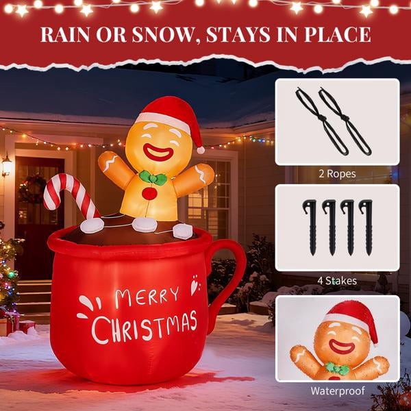 Alvantor 5.9 ft Lighted Gingerbread Man Christmas Inflatable in Hot Cocoa Cup, 3 Warm White LEDs, Outdoor Yard Decor