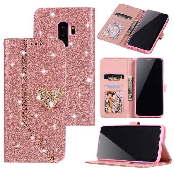 Galaxy S9  Plus Case Wallet, Allytech Premium PU Leather Folio Flip Stand Magnetic Glitter Diamond Embossed Full Body Protective Cards Slots Wallet Case Cover for Samsung Galaxy S9 Plus, Rosegold