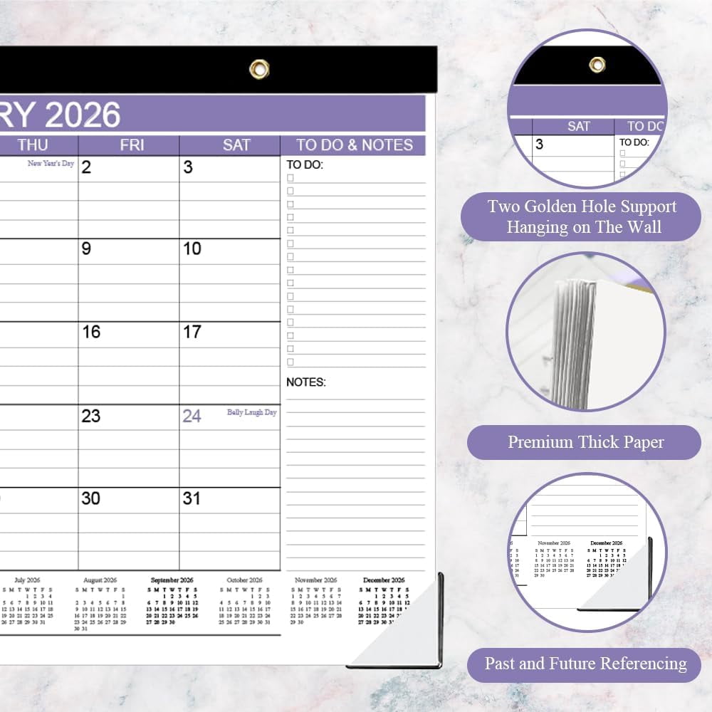2026 Desk Calendar - Calendar 2026 from January 2026 - December 2026, Desk Calendar 2026 with to-do List, 12" x 17", Purple