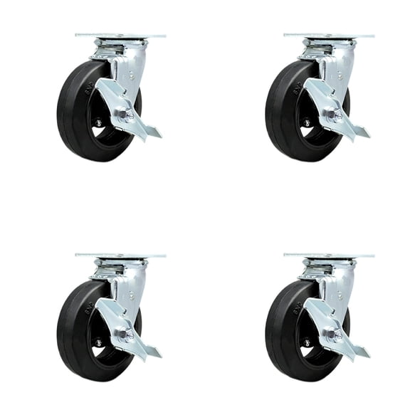 6 Inch Rubber on Steel Caster Set with Ball Bearings and Brake/Swivel Lock SCC