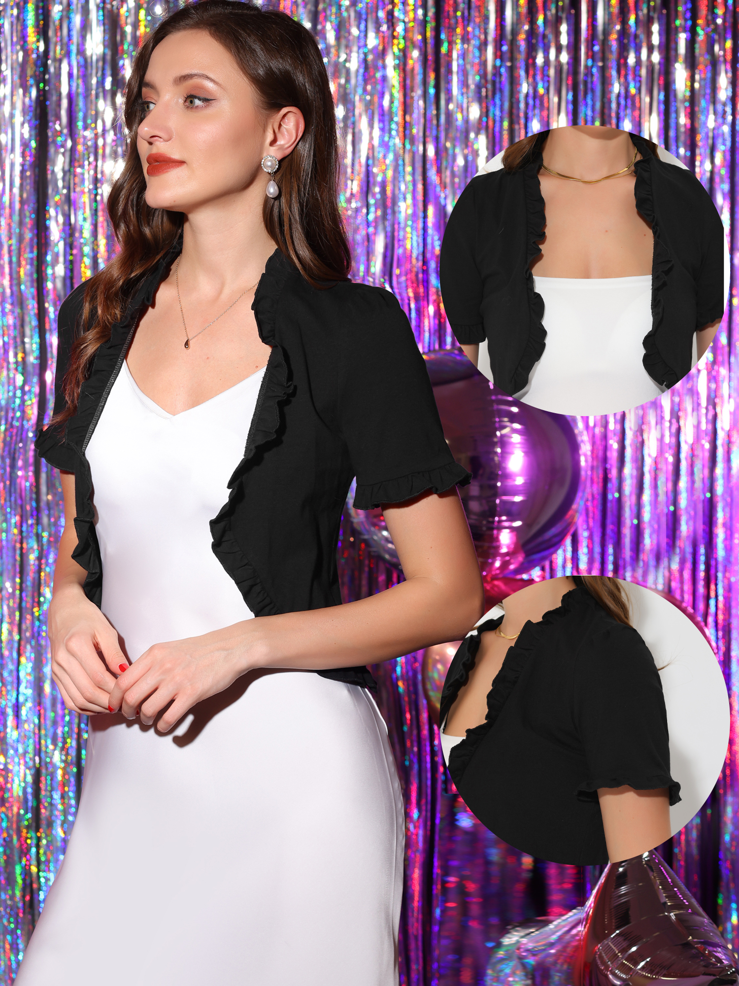 DARING DIVA Shrug Short Sleeve Formal Cropped Bolero L Black