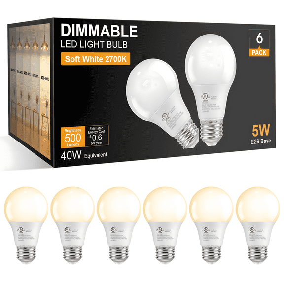 DAYBETTER Dimmable LED Light Bulbs 40 Watt Equivalent, E26 Base A19 Standard LED Bulbs, Soft Warm White 2700K Lightbulbs, 5W Energy Saving Light Bulbs for Home, 500 LM, 80+ CRI, 120V, UL, 6 Pack