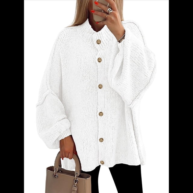 Cárdigan de Invierno con Botones para Mujer, Cuello Alto, Larga, Punto Grueso, Abrigo L