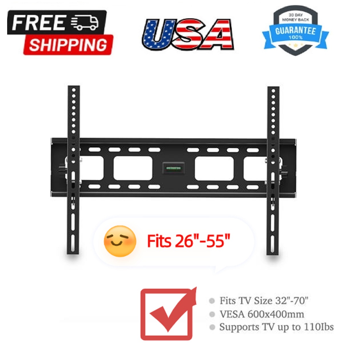 Adjustable TV Wall Mount - Tilting TV Mounting Brackets Fit 32, 40, 42, 46, 50, 55, 65,70 Inch Plasma Flat Screen TV with Spirit Level Load Capacity 50kg TMW600 - image 1 of 16