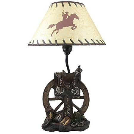 Home Table Decor Horse Saddle on Wagon Wheel Desktop or Table Lamp in Gifts for Cowboys and Western Home Decor Accents ()