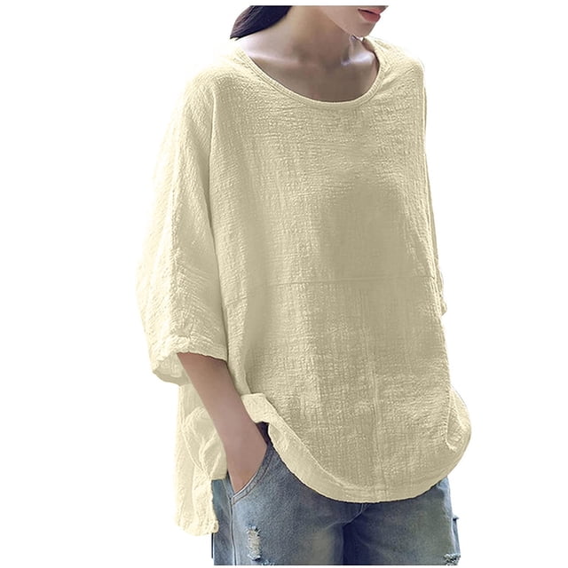 Besolor T-Shirts à Manches 3/4 pour Femmes Grande Taille Décontractés Amples en Coton Lin Col Rond Tunique d'Été