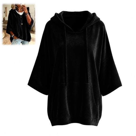 Womens Velvet Sweatshirt 3/4 Sleeve Hoodie Oversized Pullover Jacket, Loose Fit Casual Hooded Top for Women, Soft Warm Autumn Winter Everyday Wear