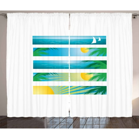 beach curtains 2 panels set, banner style horizontal stripes with exotic  elements tropical trees cartoon, window drapes for living room bedroom,  108w