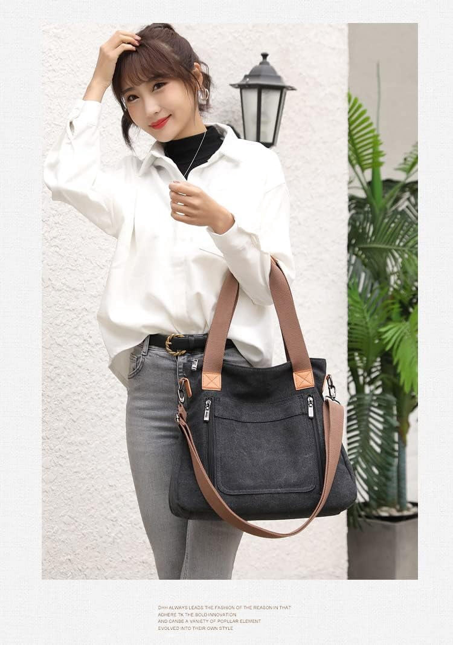 JennyShop Vintage Multi-pocket Handbags, Hot Sale Canvas Tote Purse for Women, Work Shoulder Crossbody Bag