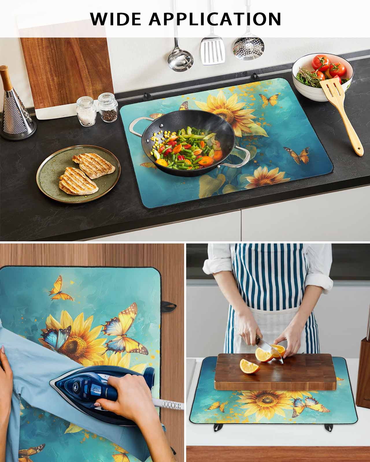 nqOlkjepod Large Induction Cooktop Protector Mat 24"x21", Yellow Sunflower Stove Top Covers for Electric Stove, Spring Butterfly Teal Abstract Vintage Stove Burner Cover Mats, Glass Top Stove Cover
