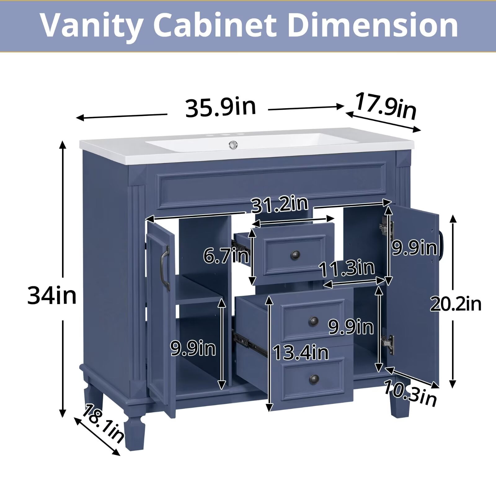 36" Bathroom Vanity with 3 Hole Ceramic Sink and Mirror Cabinet Combo, Wood Freestanding Single Basin Vanity Set with Storage Shelves Drawers Doors, Blue