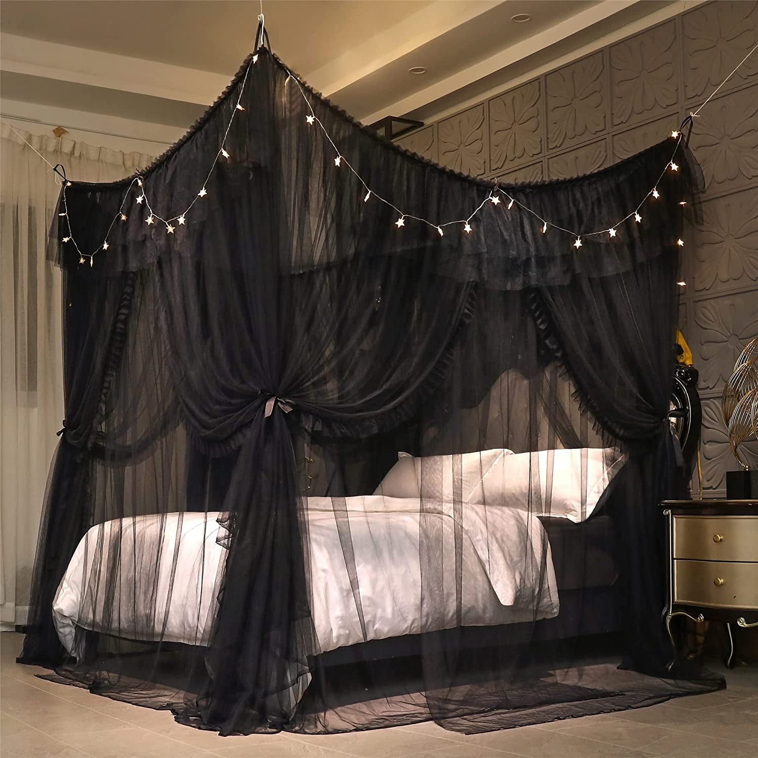 4 Corners Post Ruffle Princess Bed Canopy Curtain-Double Layer Cozy Drape Netting 4 Opening Mosquito Net for Girls Adults Bedroom Decoration (Double-Black,78" W*86" L*82"*H/King)