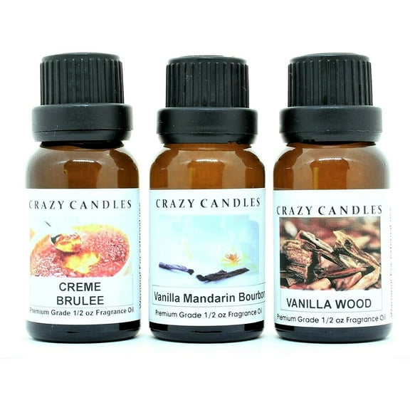 Crazy Candles 3 Bottles Set, 1 Creme Brulee, 1 Vanilla Mandarin Bourbon, 1 Vanilla Woods 1/2 fl oz Each (15ml) Premium Grade Scented Fragrance Oils